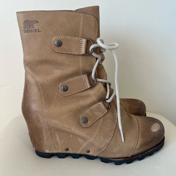 SOREL Joan of Arctic Lace up Wedge Ash Brown Leather Waterproof Boots - Picture 1 of 8